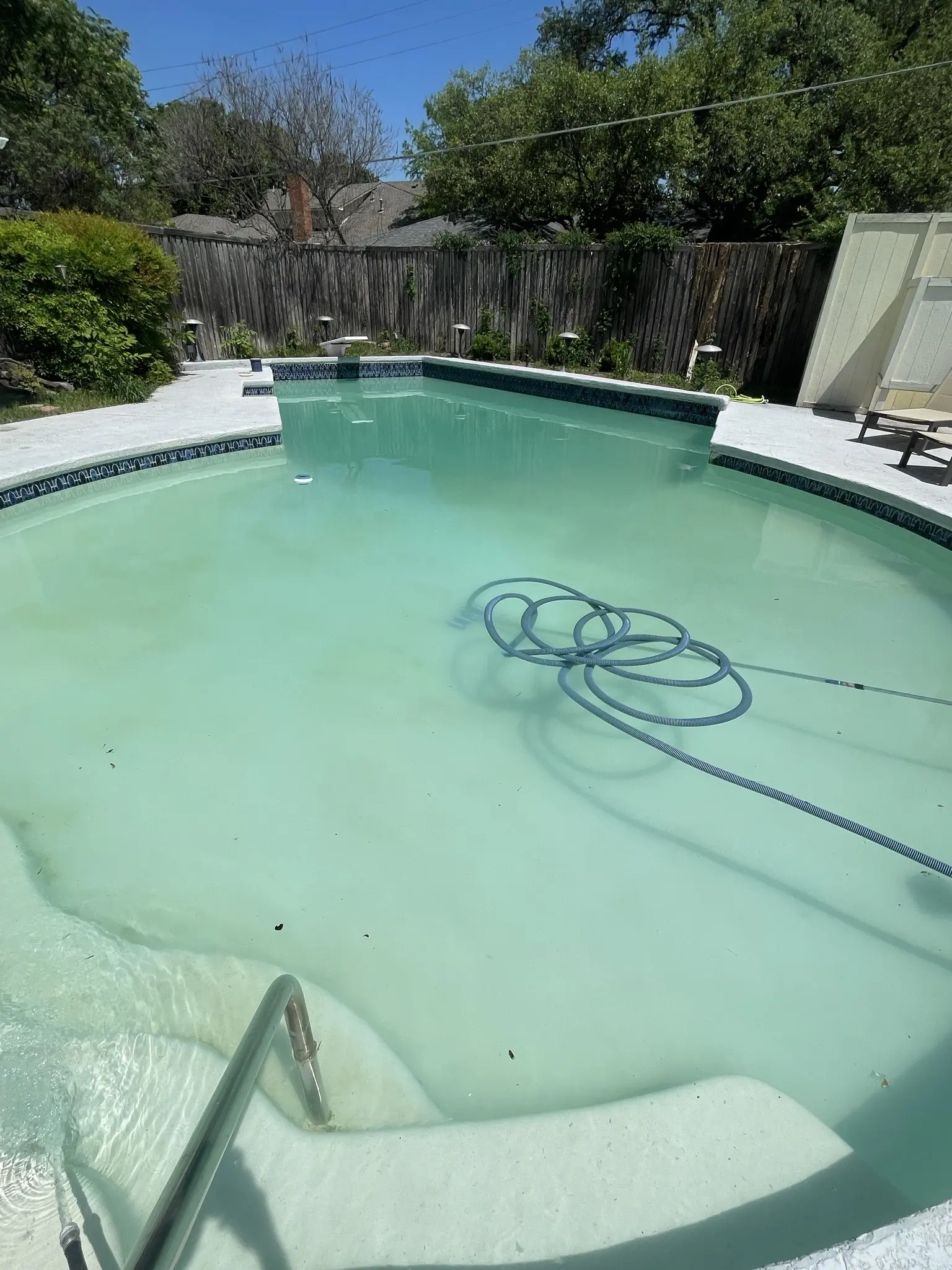Kidney-shaped pool with pale, cloudy green water and a hose coiled on the step